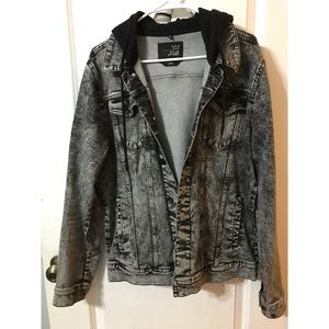 Black wash denim jacket with hood